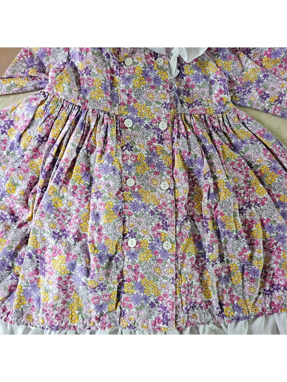 Vintage Floral Long Sleeve Dress Eyelet Hem for Kids 18 M